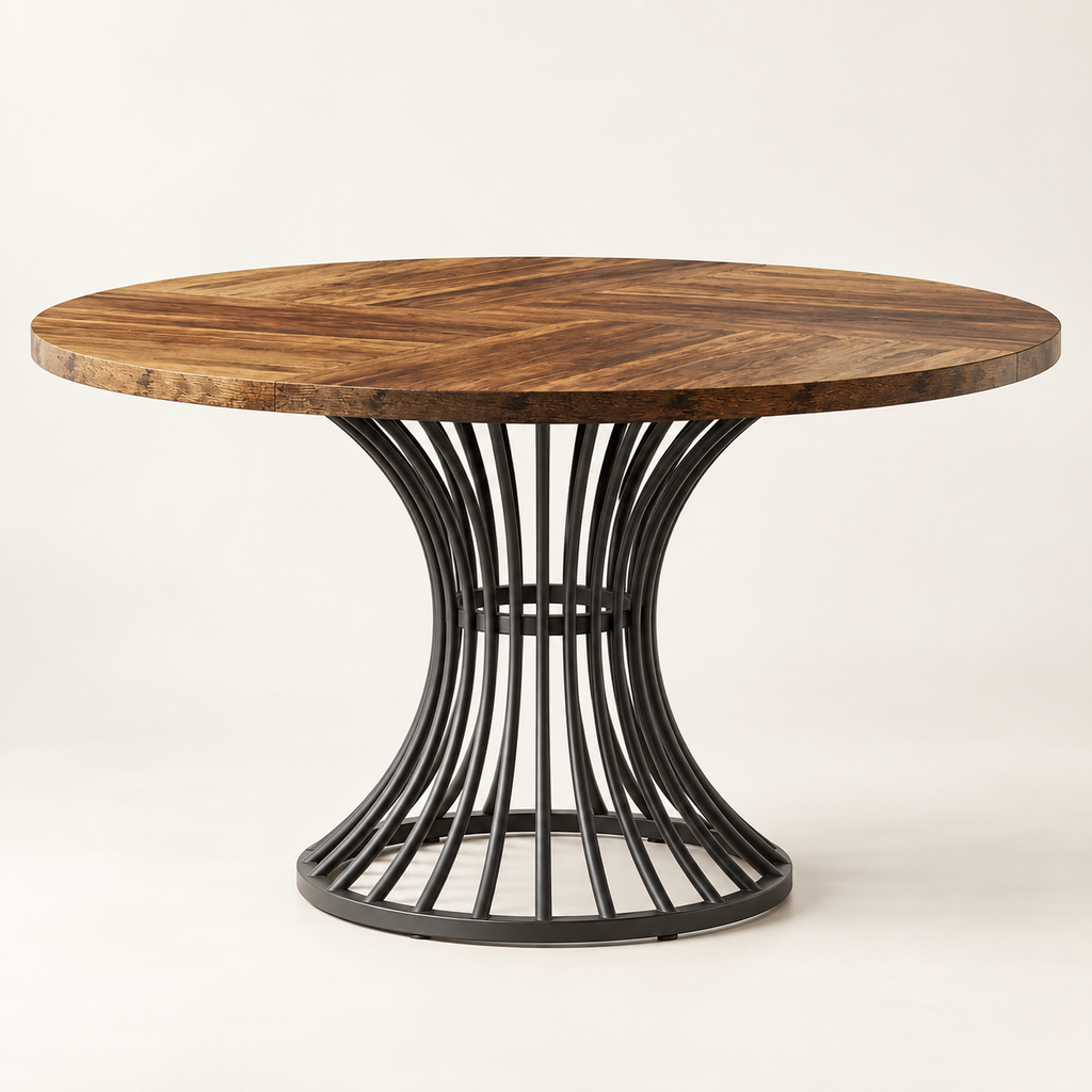 Table à manger ronde rustique 119 cm avec piètement cage noir vue trois-quarts