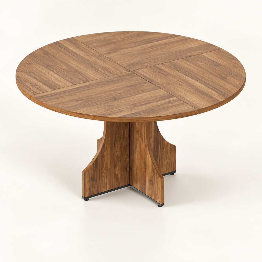 Table à manger ronde finition miel avec piètement bois croisé vue trois-quarts