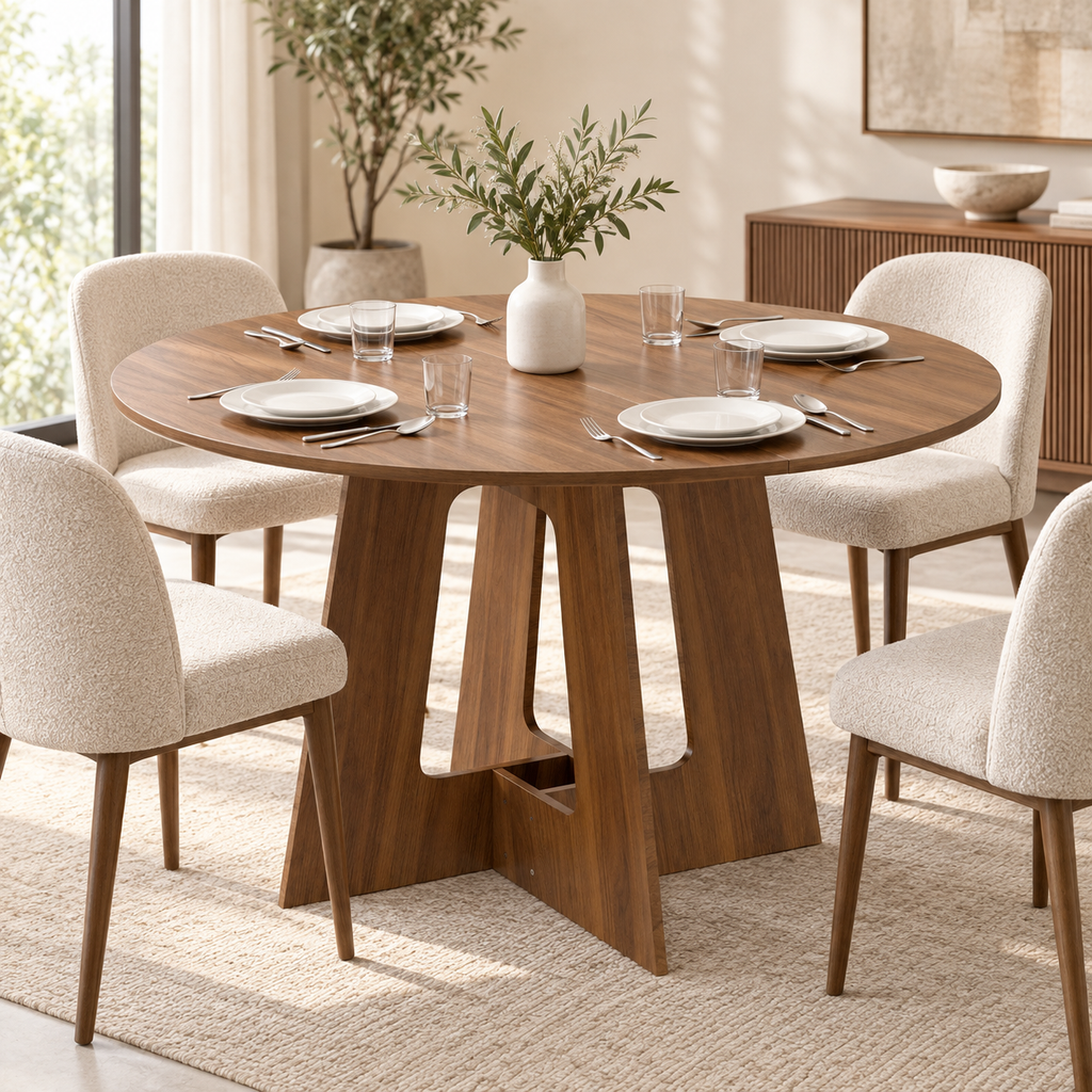 Table ronde noyer dans une salle à manger contemporaine