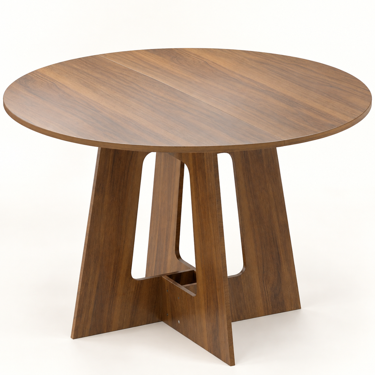 Table à manger ronde noyer 110 cm avec piètement croisé vue trois-quarts