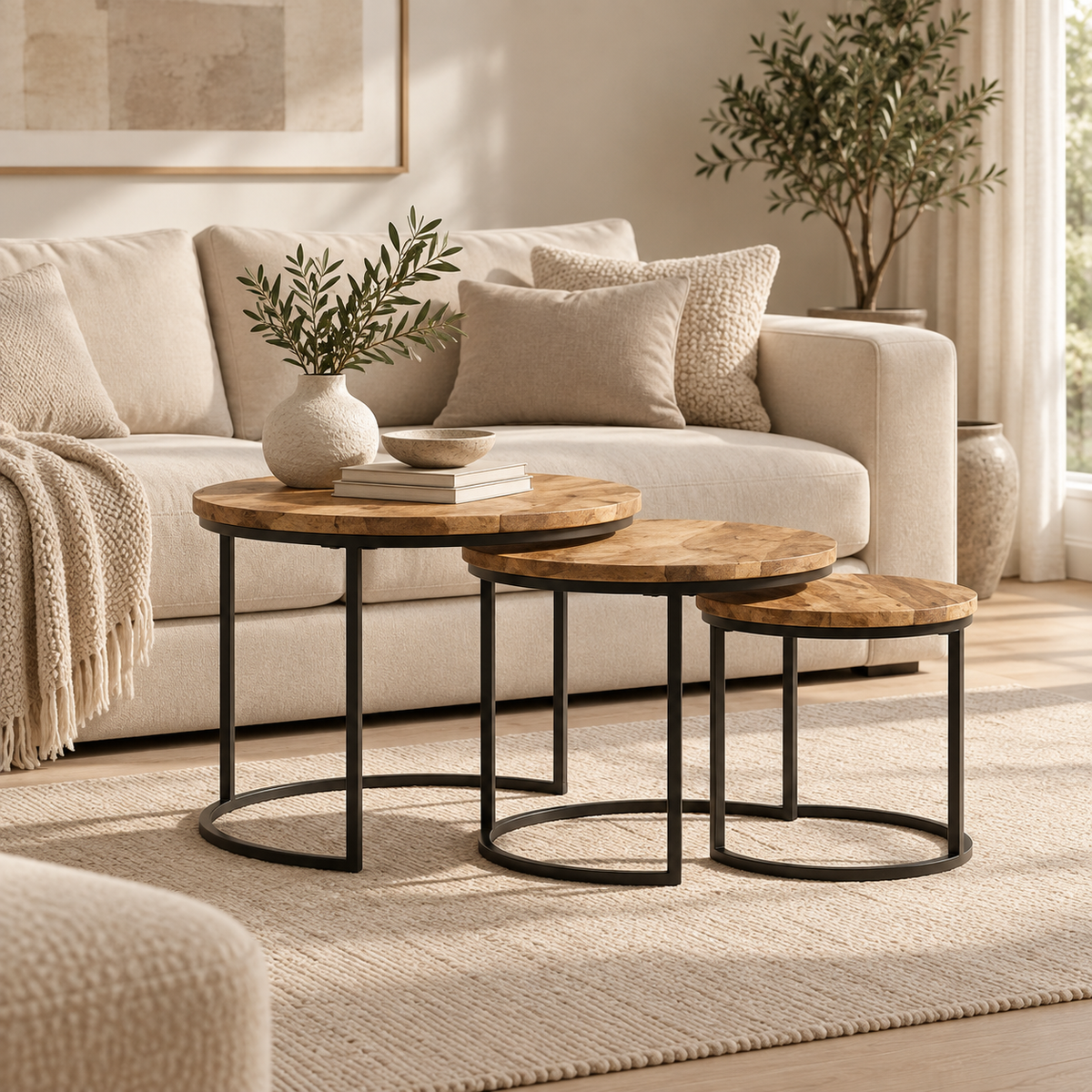 Trois tables d’appoint gigognes en manguier dans un salon contemporain