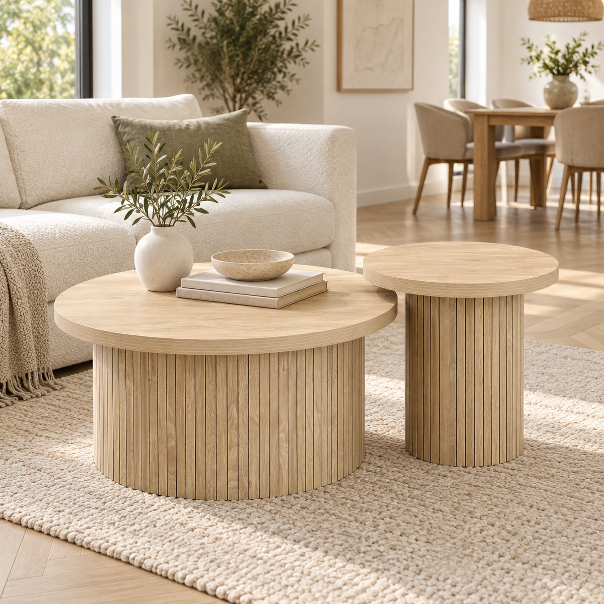 Tables basses gigognes bois naturel dans un intérieur contemporain