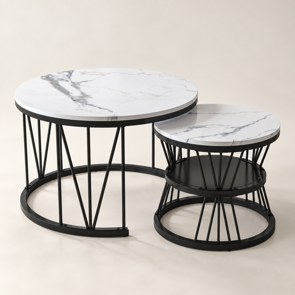 Tables basses rondes effet marbre et structure noire vue trois-quarts