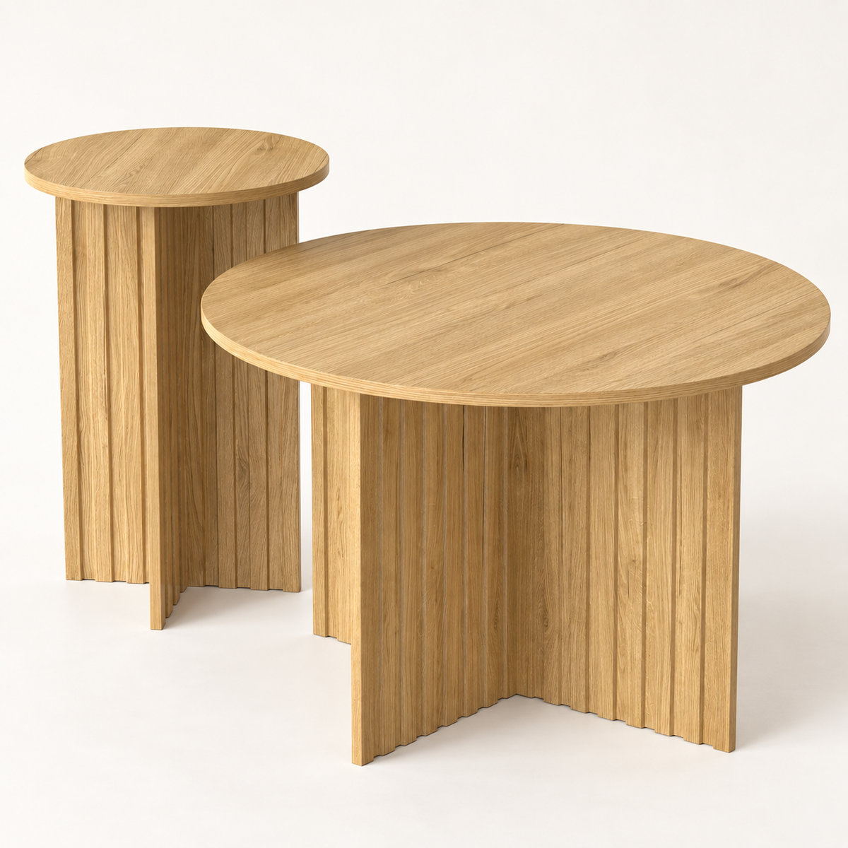 Tables basses gigognes rondes scandinaves en bois vue trois-quarts