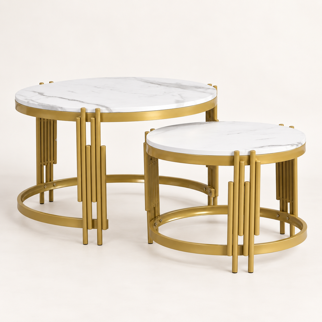 Tables gigognes effet marbre et laiton vue trois-quarts