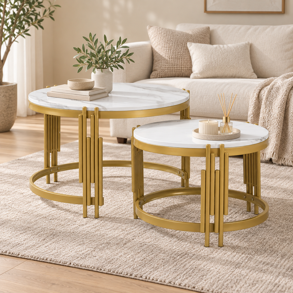 Tables gigognes effet marbre et laiton dans un salon contemporain