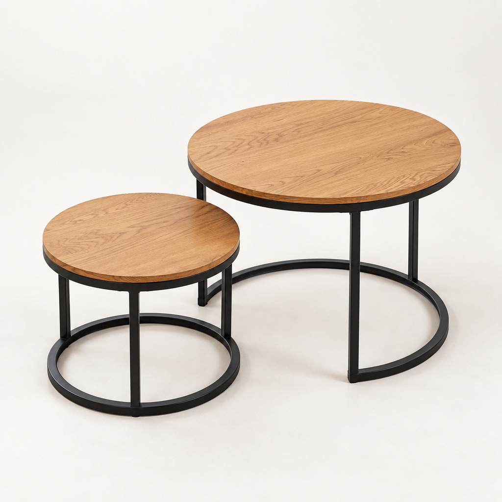 Ensemble de deux tables gigognes rondes effet bois et métal noir vue trois-quarts